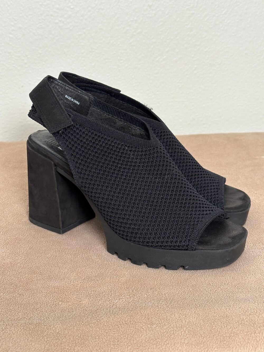 Eileen Fisher Womens 7 Cue Stretch Knit Sandals Black Mesh Platform Heels Lugged